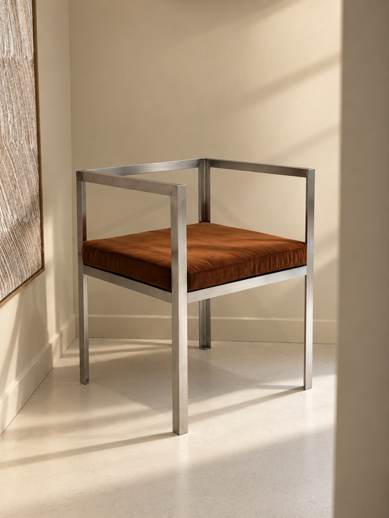 Aurélien Jeauneau, BRIDGE DE TABLE 2026 acier brossé & velours de coton 70 X 52 X 54 CM ASSISE 40 CM, © Aurélien Jeauneau
