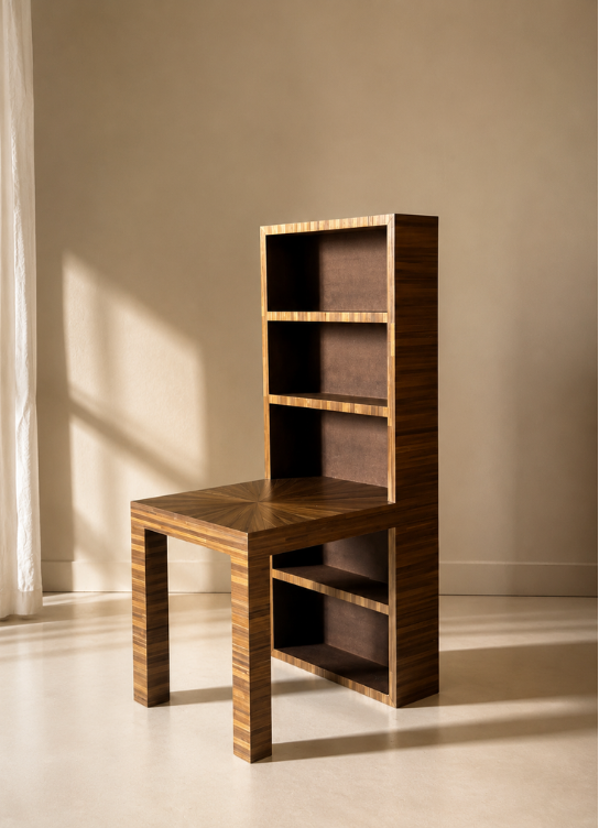 Aurélien Jeauneau, CHAISE - BIBLIOTHEQUE PAILLE, 2026, Pin des Landes, MDF et marqueterie de paille, 99,3 X 36,2 X 51,4 CM, ASSISE 42,8 CM © Aurélien Jeauneau