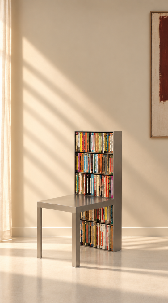 Aurélien Jeauneau, CHAISE BIBLIOTHEQUE, 2026, acier brossé, 88 X 40 X 50 CM, ASSISE 35,5 CM © Aurélien Jeauneau