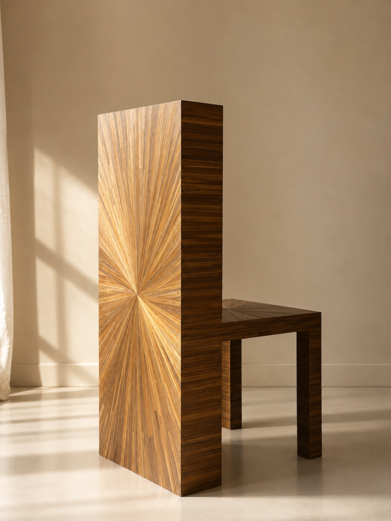 Aurélien Jeauneau, CHAISE - BIBLIOTHEQUE PAILLE, 2026, Pin des Landes, MDF et marqueterie de paille, 99,3 X 36,2 X 51,4 CM, ASSISE 42,8 CM © Aurélien Jeauneau