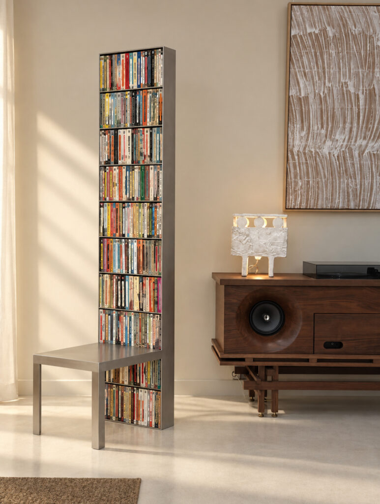 Aurélien Jeauneau, CHAISE TOTEM BIBLIOTHEQUE, 2026, acier brossé, 175,5 X 40 X 50 CM, ASSISE 35,5 CM © Aurélien Jeauneau